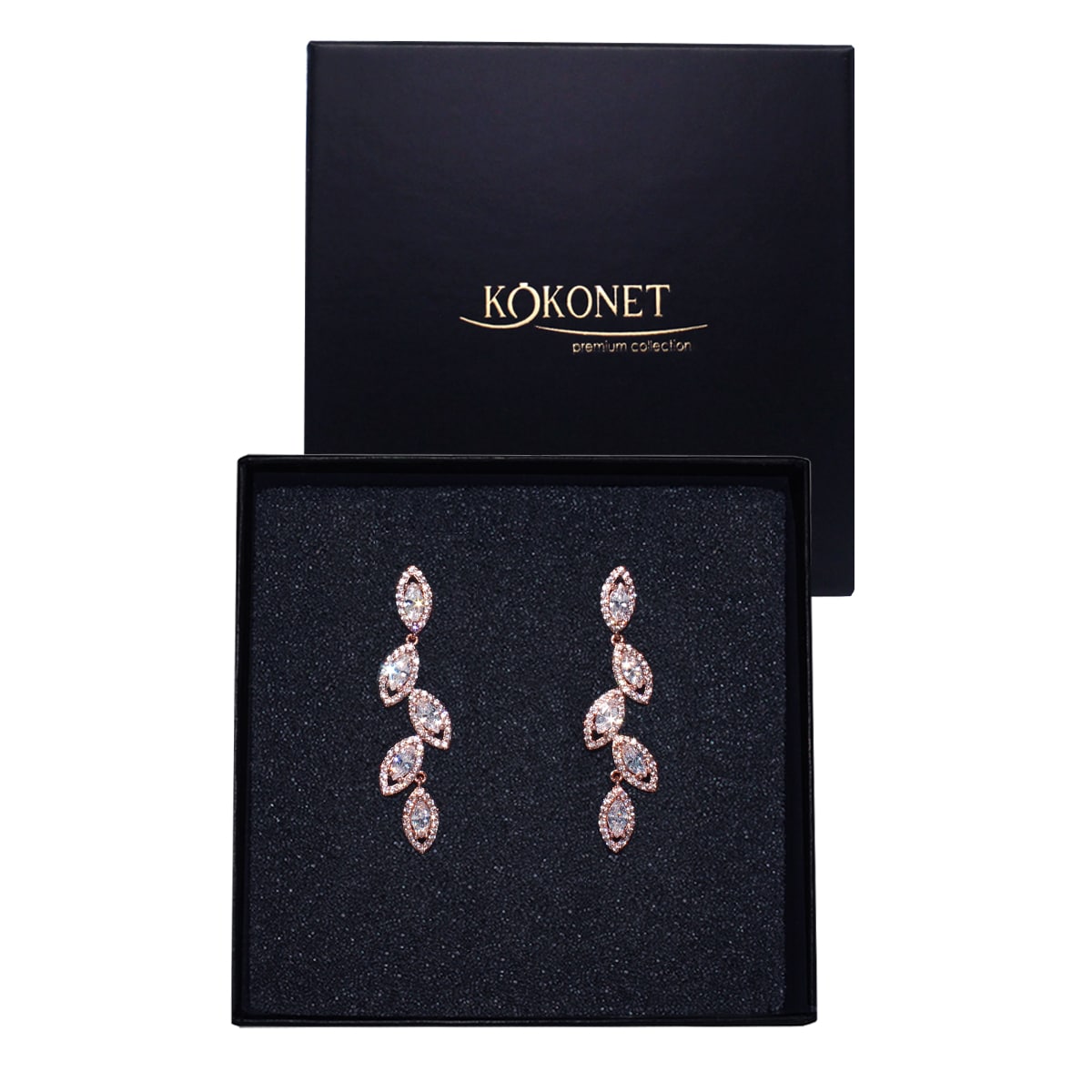 Kolczyki Różowe Złoto Ślubne BOHO Listki Cyrkonie Wiszące lekkie