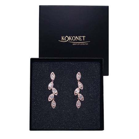 Kolczyki Różowe Złoto Ślubne BOHO Listki Cyrkonie Wiszące lekkie