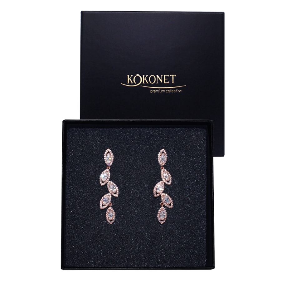 Kolczyki Różowe Złoto Ślubne BOHO Listki Cyrkonie Wiszące lekkie