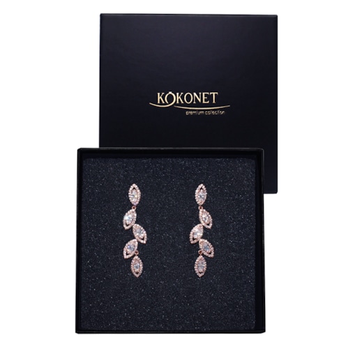 Kolczyki Różowe Złoto Ślubne BOHO Listki Cyrkonie Wiszące lekkie