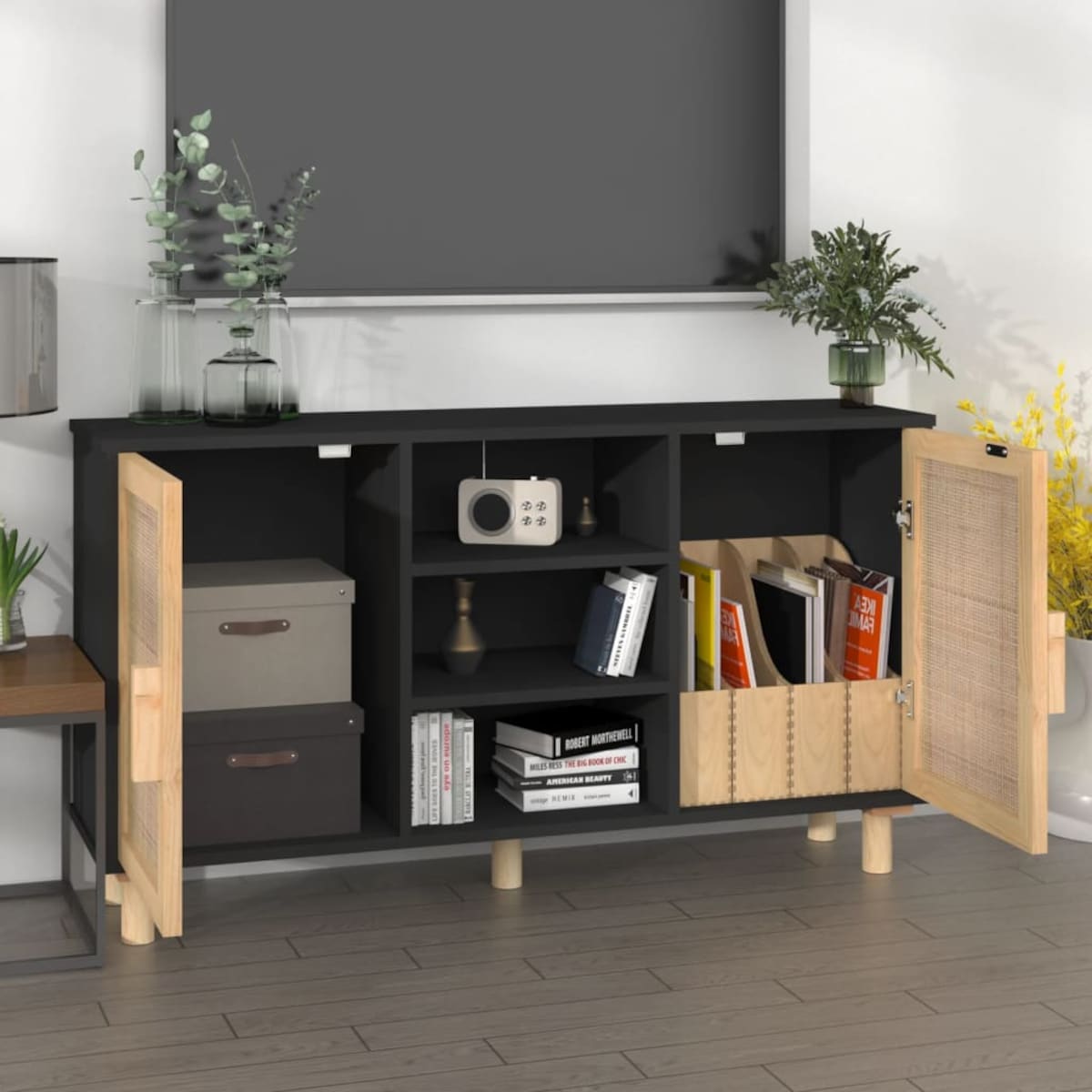 vidaXL Komoda, czarna, 105x30x60 cm, lita sosna i naturalny rattan