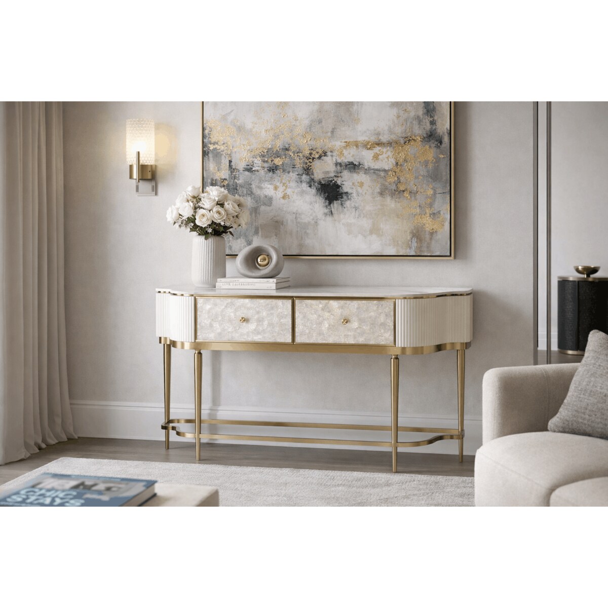 Kremowa konsola glamour z naturalną muszlami i marmurem Champion 140x35x86