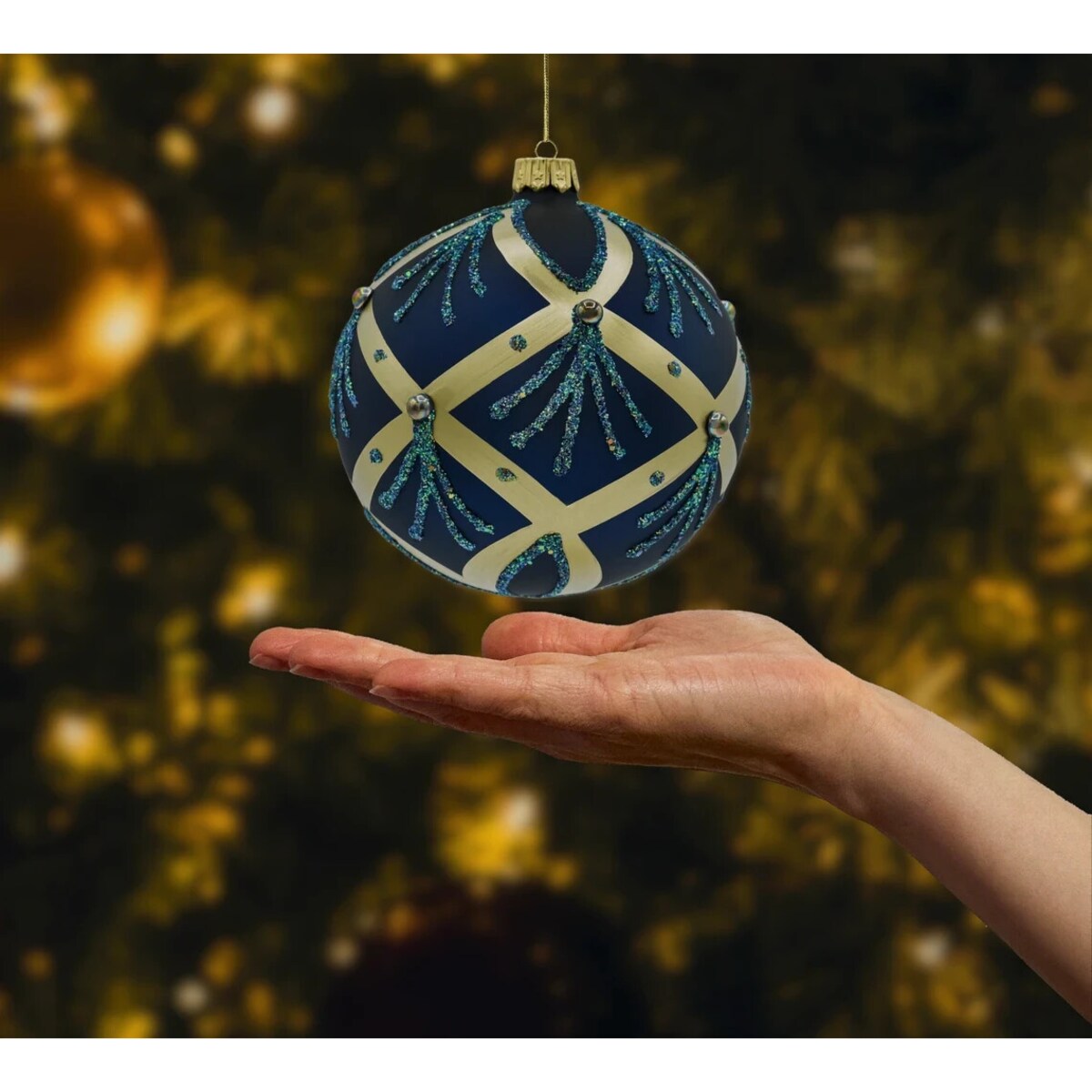 Bombka choinkowa: Okrągła ze złotymi pasami: granatowa