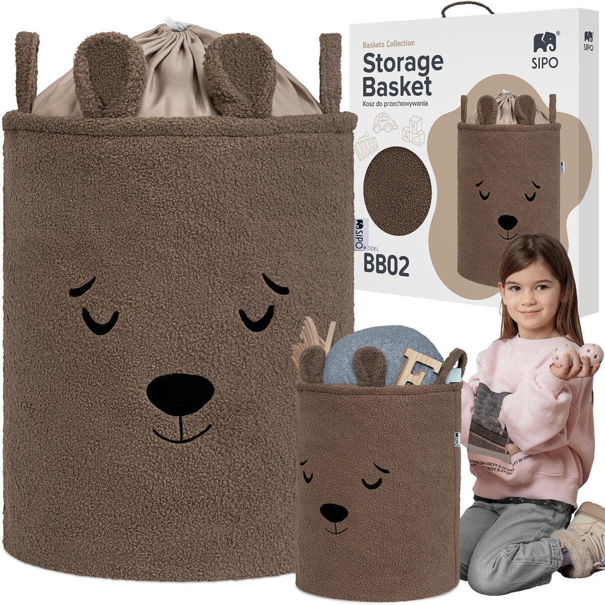 kosz na zabawki sipo, wersja premium boucle, zamykany na ściągacz, brązowy miś, xl