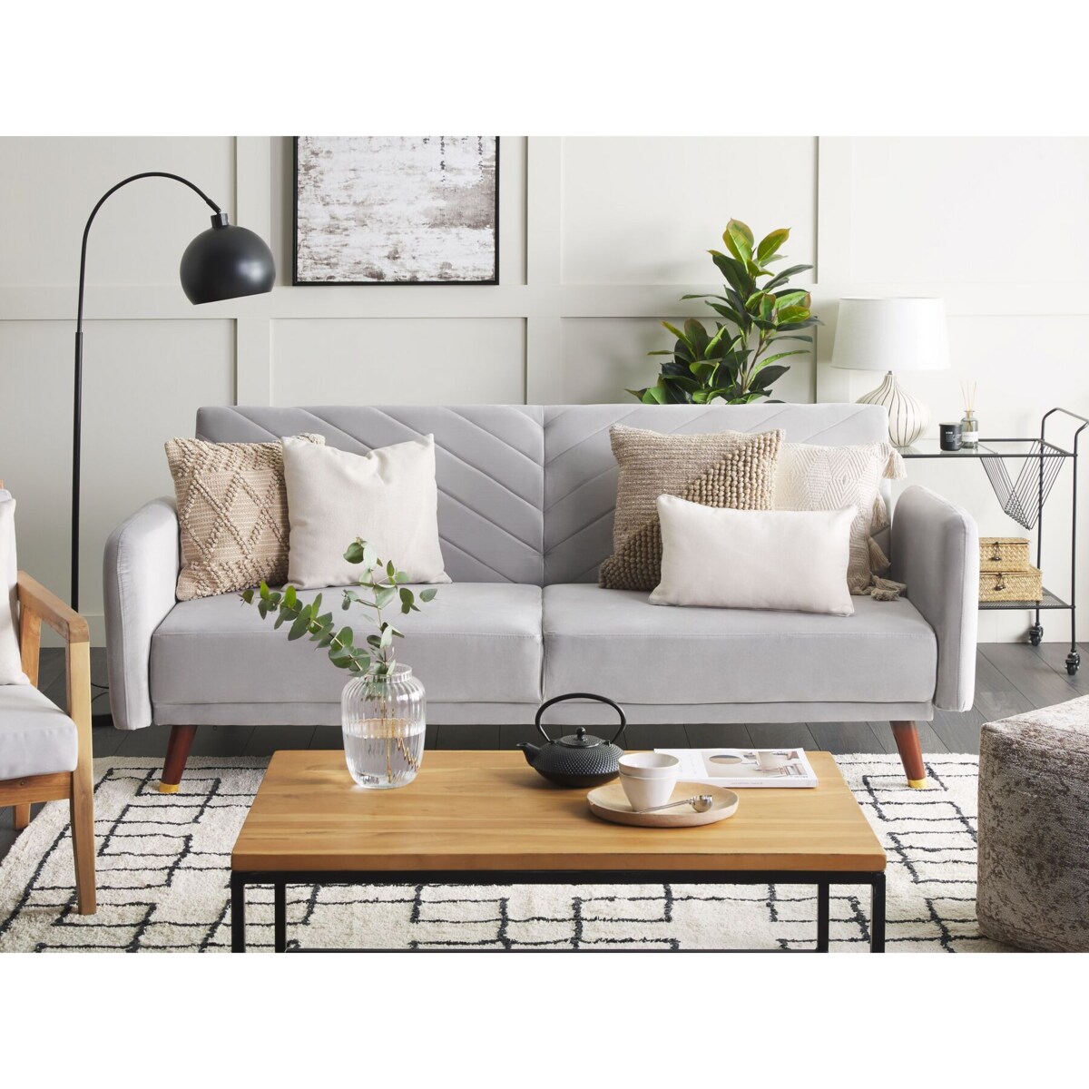 Sofa rozkładana welurowa jasnoszara SENJA