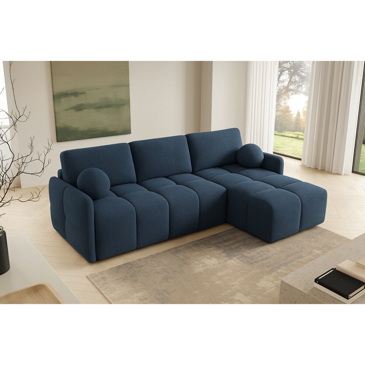 Narożnik MONO z funkcją spania i ozdobnymi poduszkami prawy, granatowy