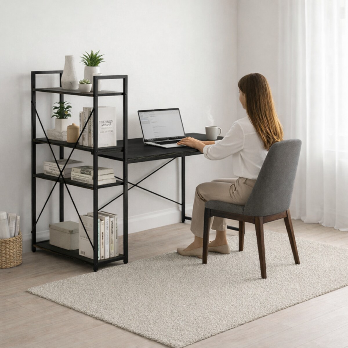 Loftowe biurko komputerowe z regałem, półkami, 120 x 60cm, czarne, czarny blat STL24CZ