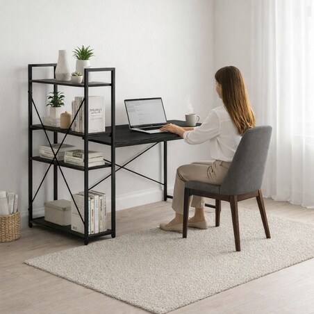 Loftowe biurko komputerowe z regałem, półkami, 120 x 60cm, czarne, czarny blat STL24CZ