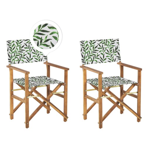 Zestaw 2 krzeseł ogrodowych akacjowy jasne drewno z białym / wzór w liście CINE