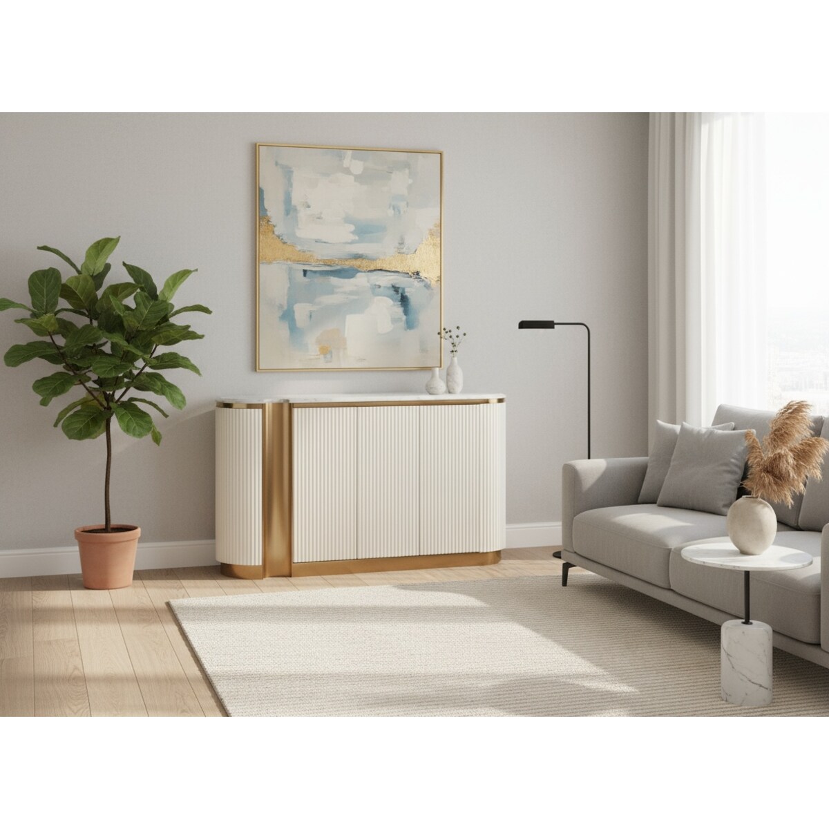 Ryflowana komoda biała złota Nutris Glamour Premium z blatem marmurowym 158x40x88