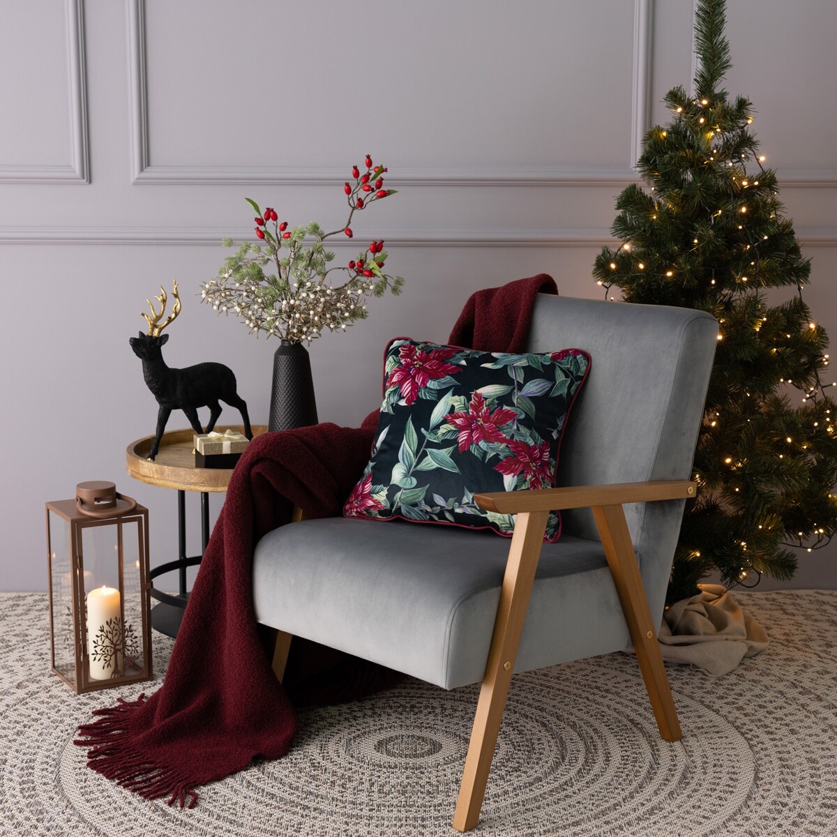 Poszewka na poduszkę Poinsettia Elegance 43x43 cm boże narodzenie, święta, świąteczne, czarny-zielony-czerwony-wielokolorowy, 43x43 cm