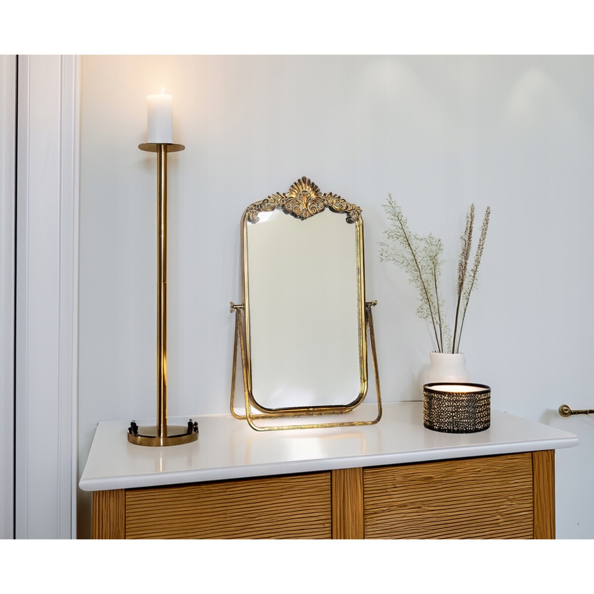 LUSTRO STOJĄCE NA TOALETKĘ DO MAKIJAŻU ZŁOTE RETRO UCHYLNE LUSTERKO 58cm