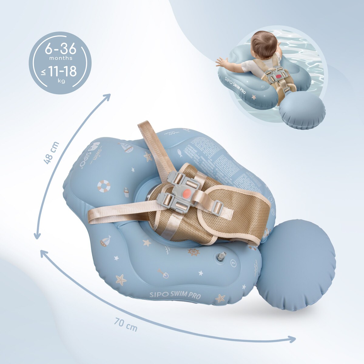Sipo, Swim Pro, Dmuchane Koło Treningowe Do Pływania Dla Dzieci I Niemowląt, Do Nauki Pływania, 6-36 Miesięcy, 11-18 Kg, Niebieskie