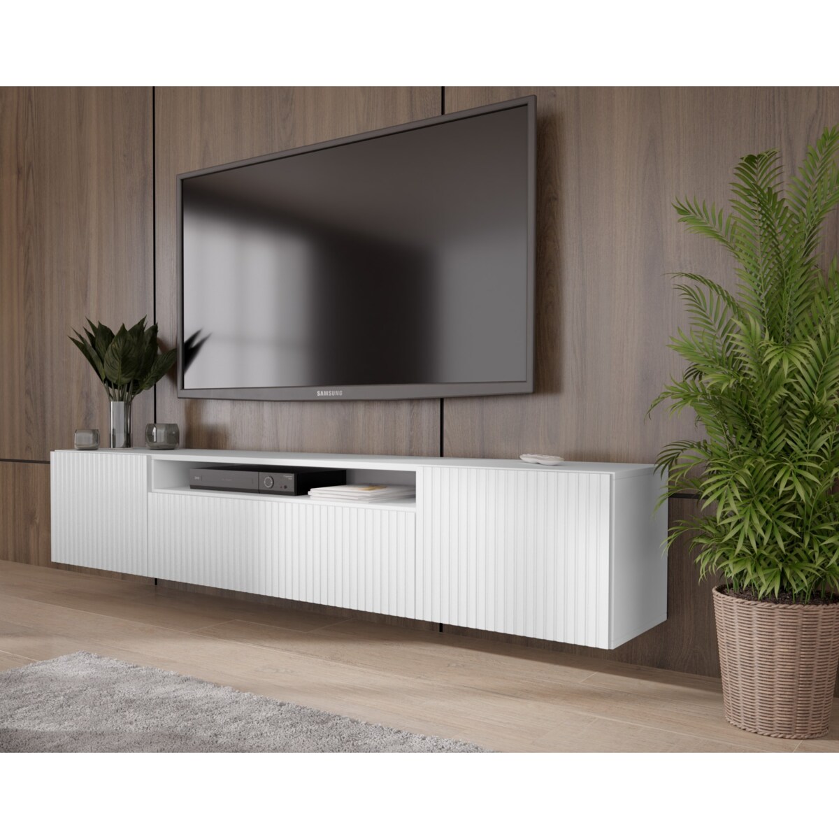 Szafka RTV MARCO 200 cm, wisząca pod telewizor, frezowane fronty- biała