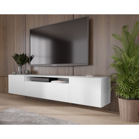 Szafka RTV MARCO 200 cm, wisząca pod telewizor, frezowane fronty- biała