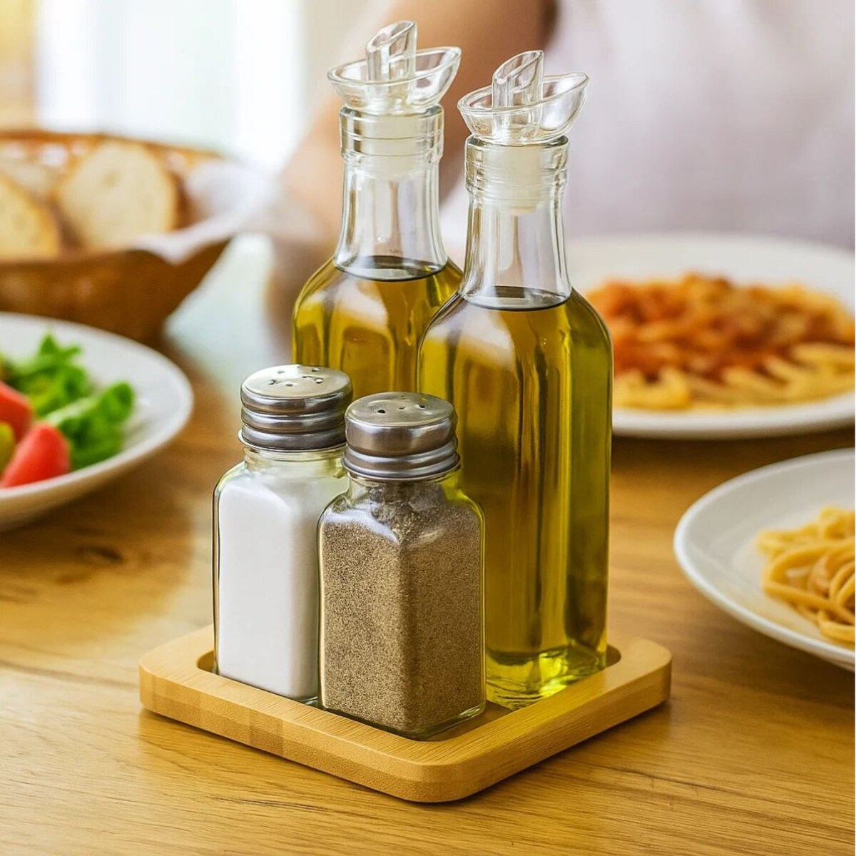 Zestaw do przypraw i oleju z drewnianą podstawą, 4 elementy