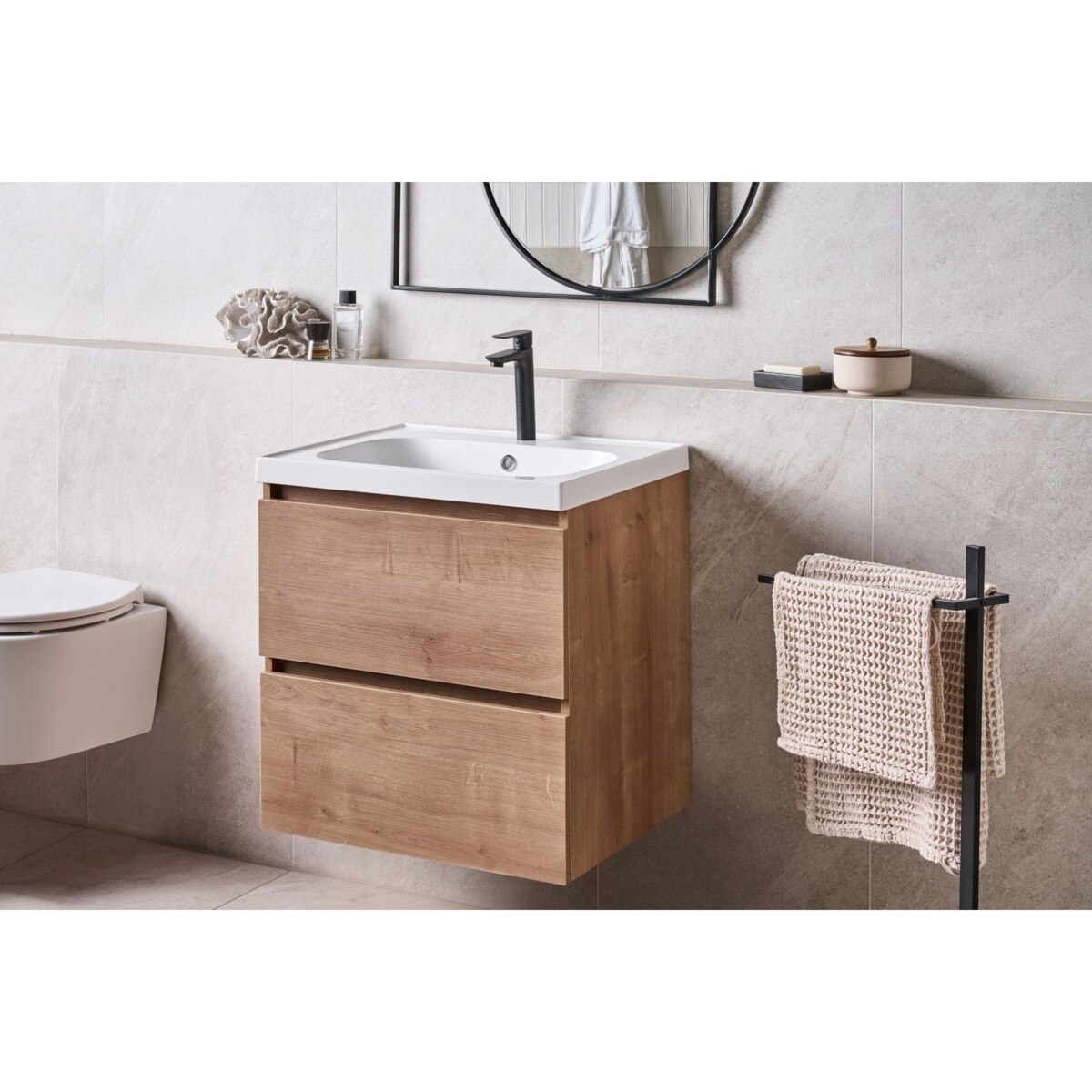 Szafka łazienkowa wisząca z umywalką LAGOA 60 cm Jasnobrązowy