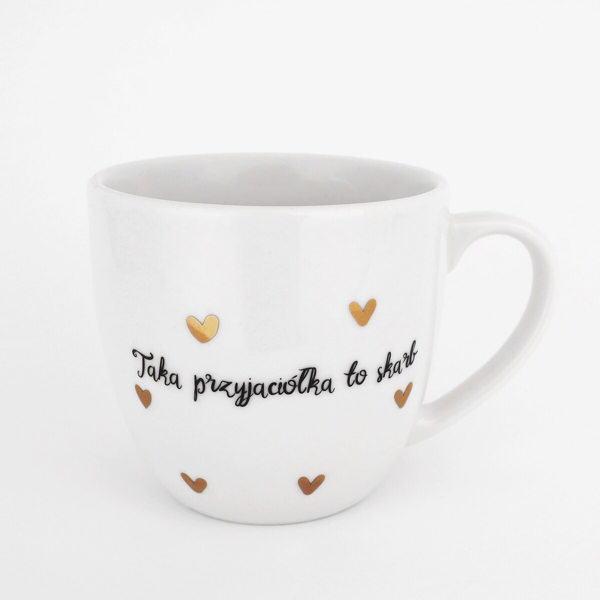 Biały Kubek Porcelanowy 300 ml - Napis Taka Przyjaciółka To Skarb i Złote Serduszka na Urodziny dla Przyjaciółki