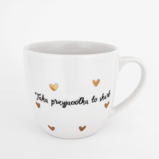 Biały Kubek Porcelanowy 300 ml - Napis Taka Przyjaciółka To Skarb i Złote Serduszka na Urodziny dla Przyjaciółki