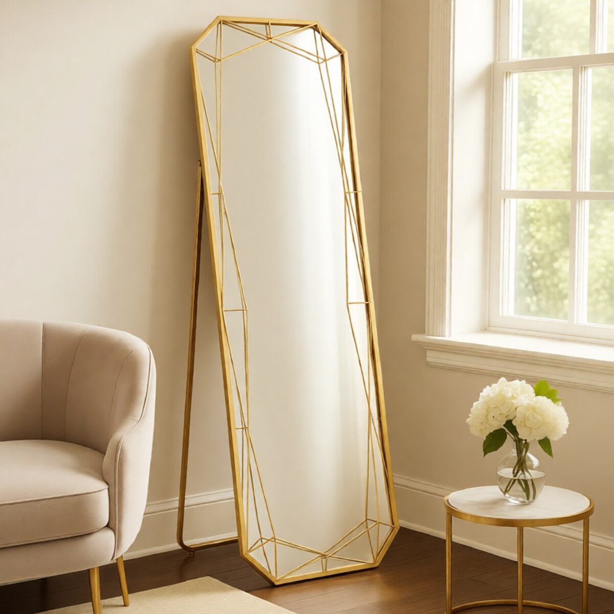 Lustro podłogowe, kolor złoty, żelazo i płyta MDF, 46 x 2 x 153 cm, styl glamour, do sypialni i garderoby, Mauro Ferretti