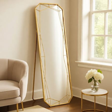 Lustro podłogowe, kolor złoty, żelazo i płyta MDF, 46 x 2 x 153 cm, styl glamour, do sypialni i garderoby, Mauro Ferretti