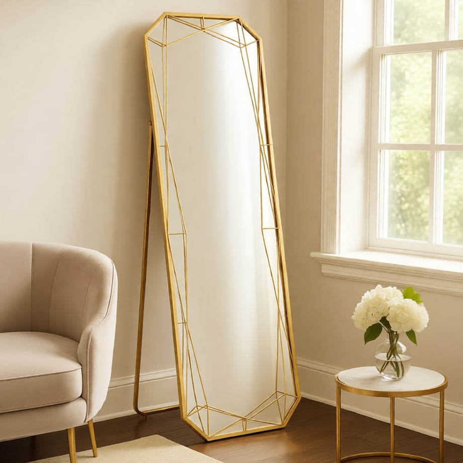 Lustro podłogowe, kolor złoty, żelazo i płyta MDF, 46 x 2 x 153 cm, styl glamour, do sypialni i garderoby, Mauro Ferretti