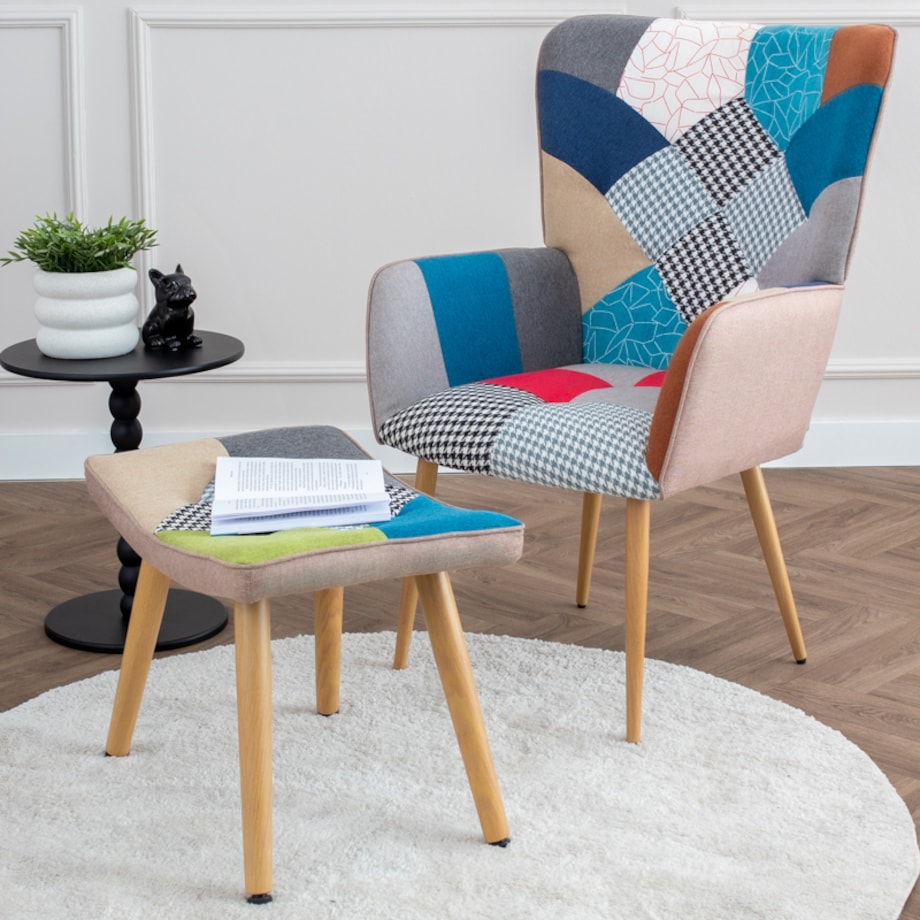 Fotel z podnóżkiem tapicerowanym wypoczynkowy patchwork do salonu wygodny