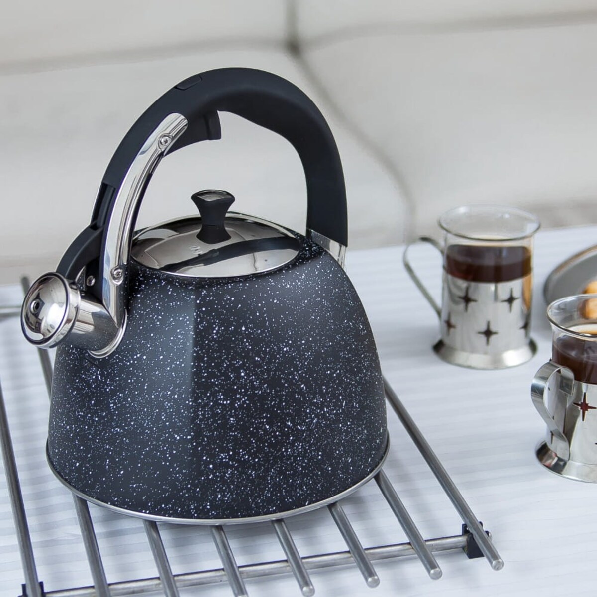 Czajnik stalowy z gwizdkiem 2.2L indukcja gaz czarny marmur KLAUSBERG