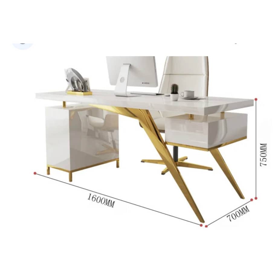 Nowoczesne białe złote biurko ze stali nierdzewnej do gabinetu Prima Premium 160x70x75 LUXURY