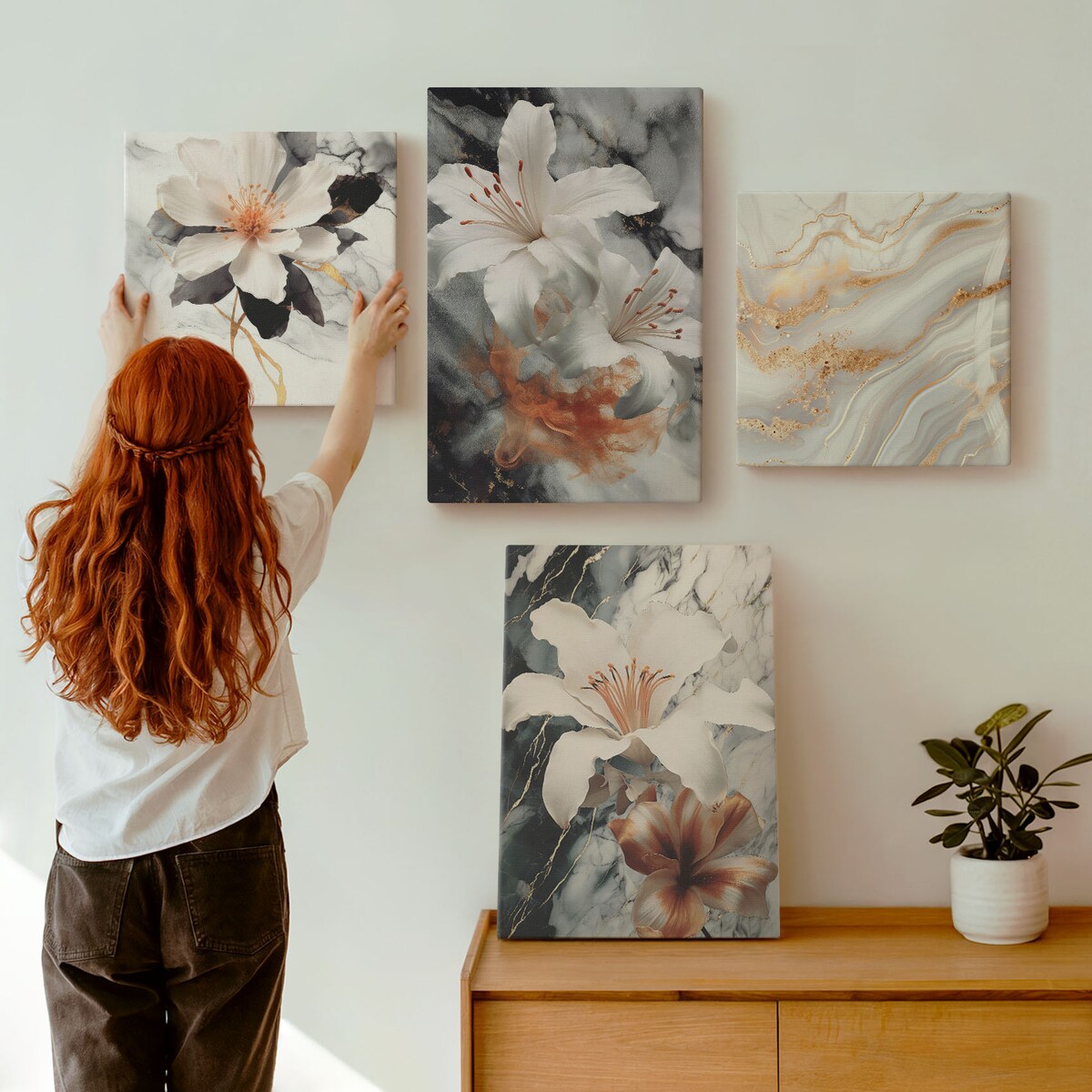 Zestaw 4 obrazów na płótnie - Kwiaty marmur biel czerń - szary
