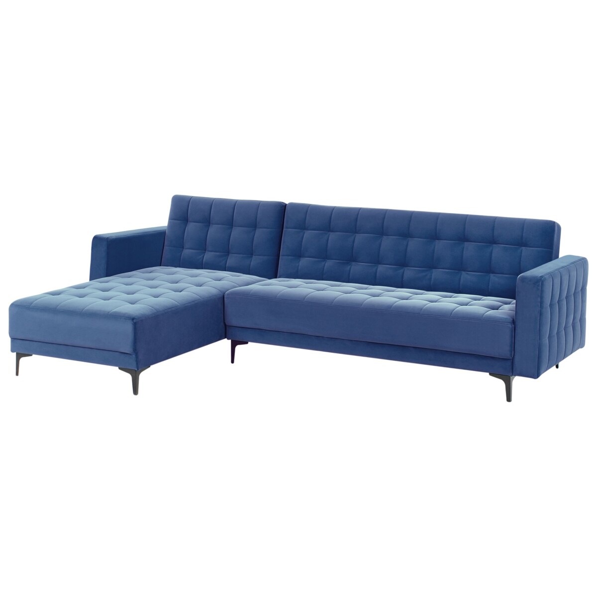 Sofa rozkładana prawostronna welurowa z otomaną niebieska ABERDEEN