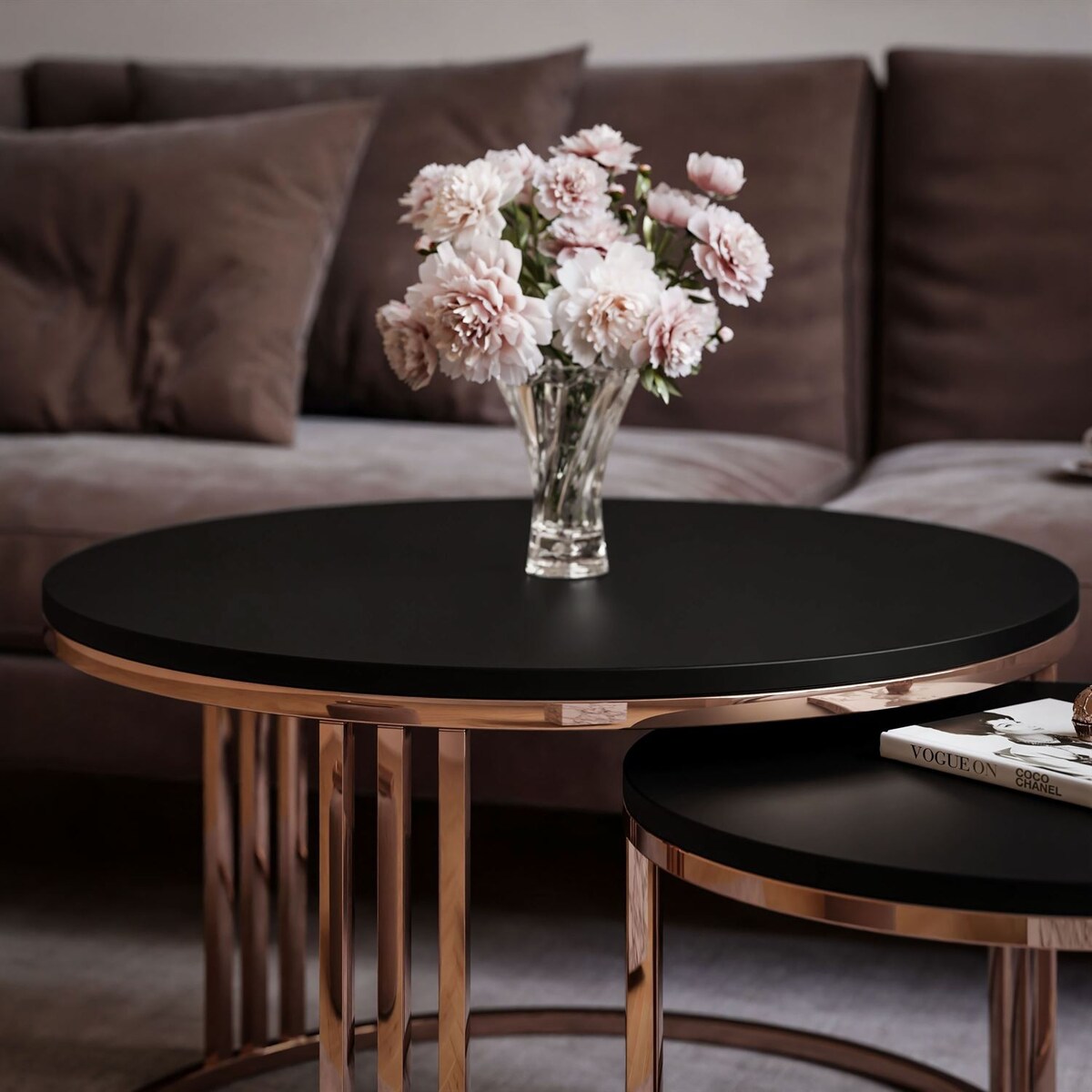 Zestaw stolików kawowych LORI 2w1 mat, miedziana podstawa, czarny mat