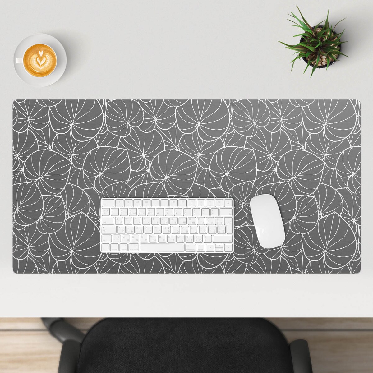 Szara mata na biurko Liście w abstrakcji, 90x45 cm