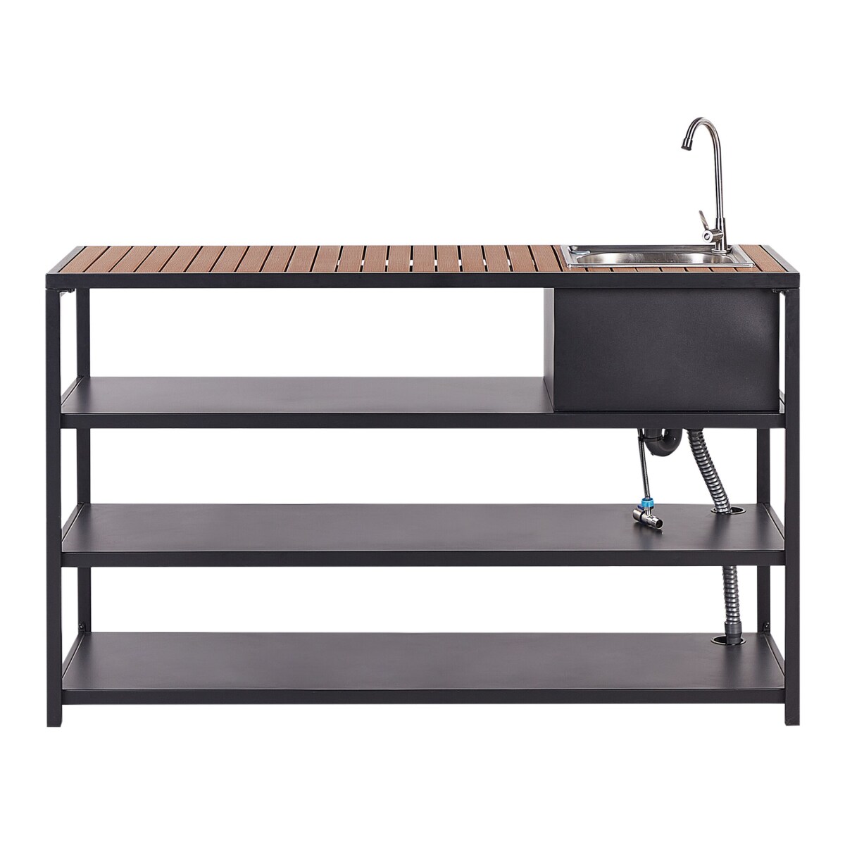 Kuchnia ogrodowa ze stołem barowym i zlewem czarna z jasnym drewnem AVETRANA