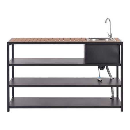 Kuchnia ogrodowa ze stołem barowym i zlewem czarna z jasnym drewnem AVETRANA