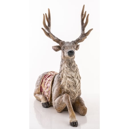 Figurka - leżący jeleń 29x29x13 cm OLEN z czerwono-złotą derką