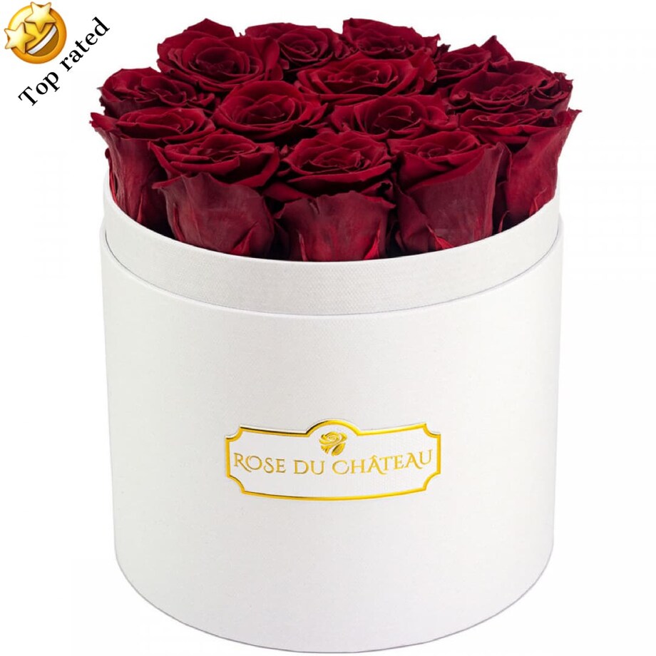 Czerwone Wieczne Róże w Białym Okrągłym Boxie