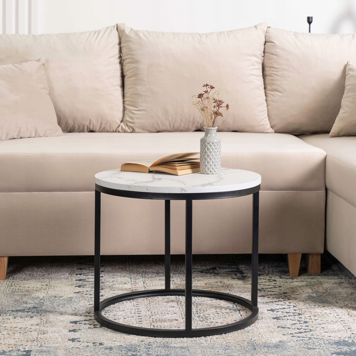 Stolik Kawowy Okrągły Glamour Biały Marmur Czarny CONNY