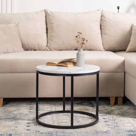 Stolik Kawowy Okrągły Glamour Biały Marmur Czarny CONNY