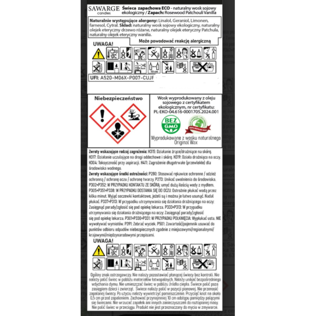 Ekologiczna Świeca Zapachowa Sojowa /50h/Rosewood Vanilla Patchouli 450g