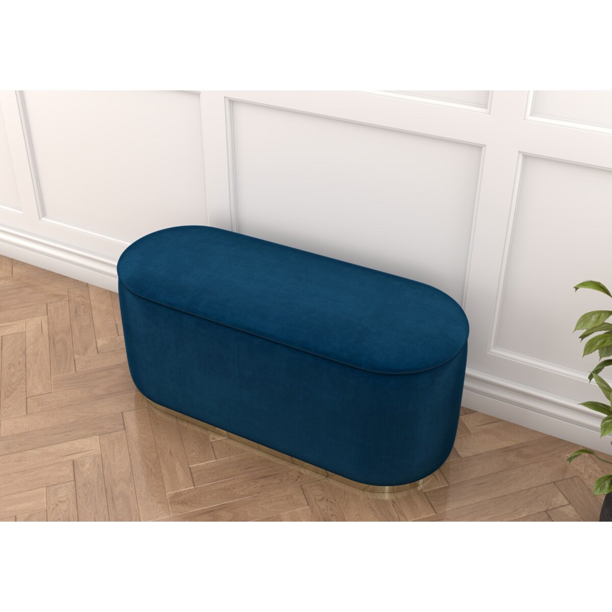 Tapicerowany owalny puf ze schowkiem Dancan SCARLETT na złotej podstawie / szer. 110 cm / granatowy