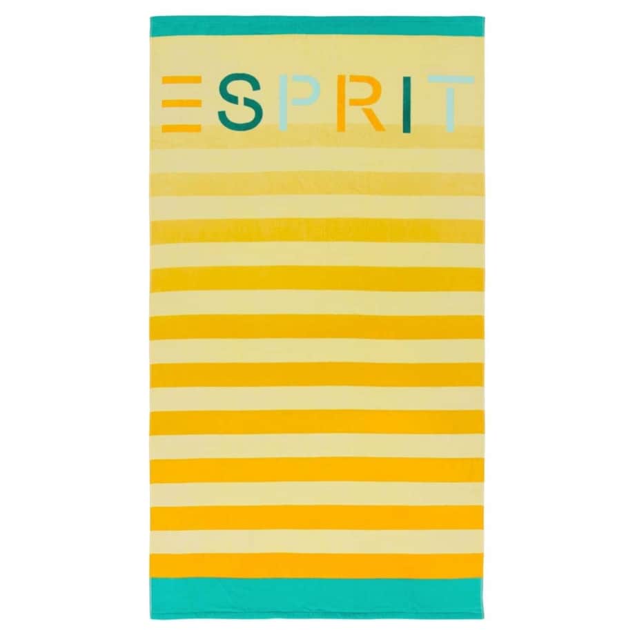 Ekskluzywny ręcznik plażowy w paski w kolorze pomarańczowym i żółtym, duży ręcznik luksusowy, ręcznik z weluru, Esprit, 100 x 180 cm