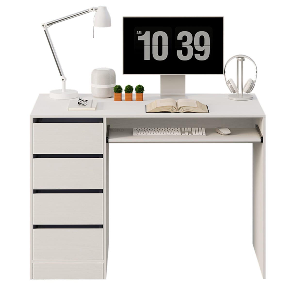 BIURKO KOMPUTEROWE STOLIK BIAŁE MŁODZIEŻOWE NOWOCZESNE Z SZUFLADAMI I PÓŁKĄ