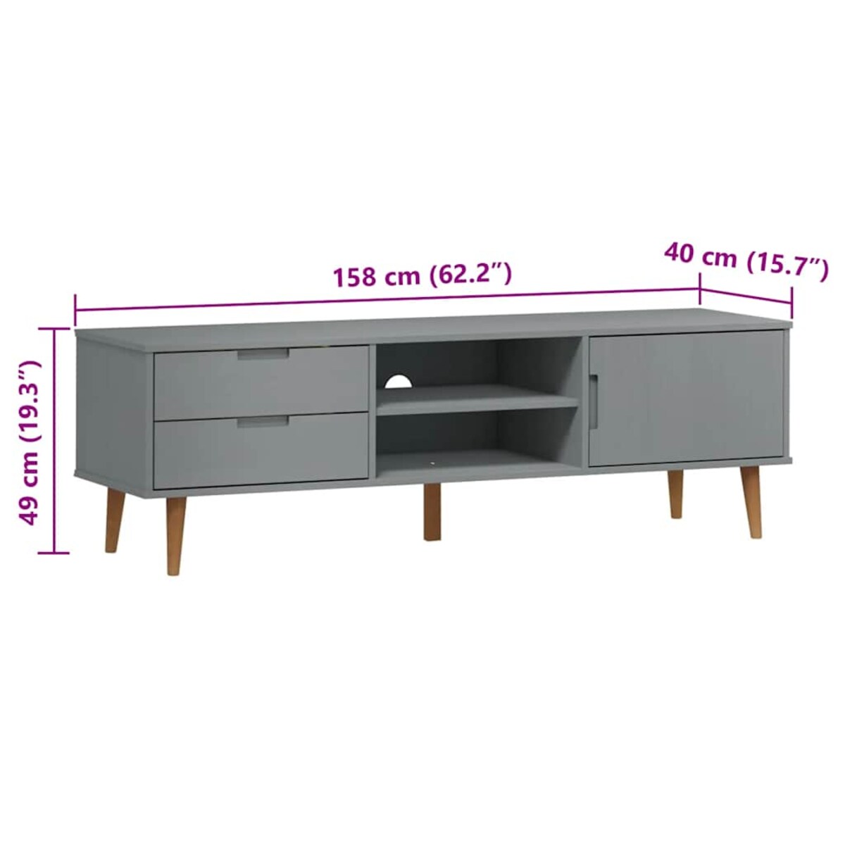 vidaXL Szafka TV MOLDE, szara, 158x40x49 cm, lite drewno sosnowe