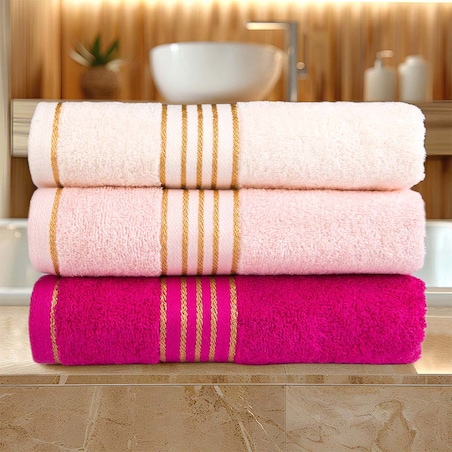 Ręcznik do rąk 30x50 cm bawełniany kolor różowy z bordiurą w złote paski 500 g/m2 TIWANO