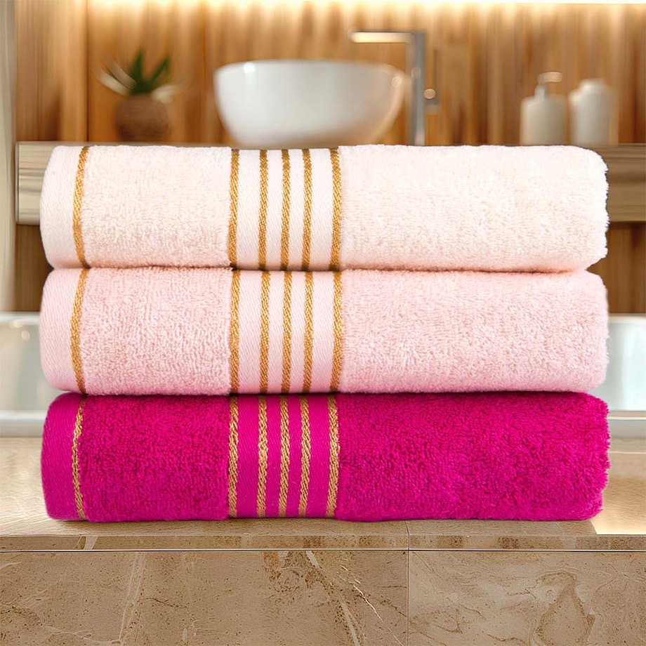 Ręcznik do rąk 30x50 cm bawełniany kolor różowy z bordiurą w złote paski 500 g/m2 TIWANO
