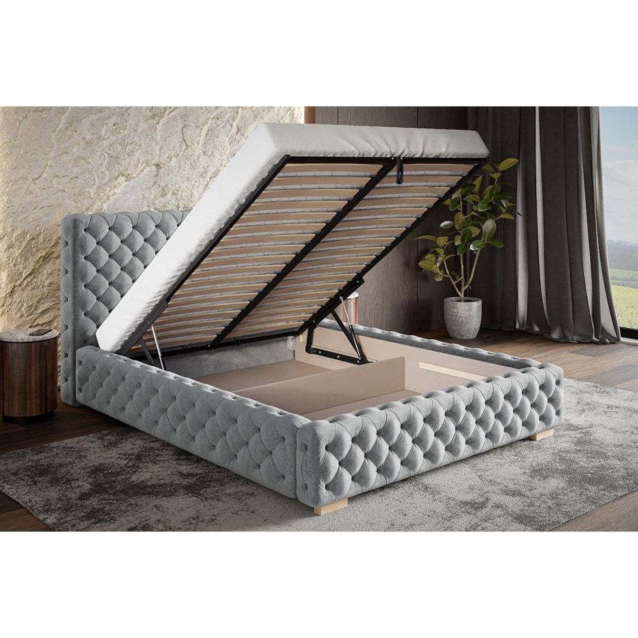 Łóżko sypialniane 200x200 BEN 15 z pojemnikiem, stelaż metalowy- granatowe