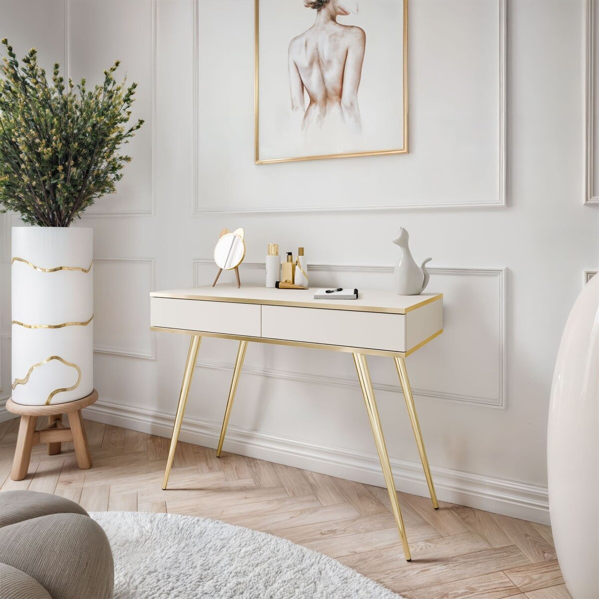 Konsola OXFORD z szufladami na złotym stelażu, beżowy mat