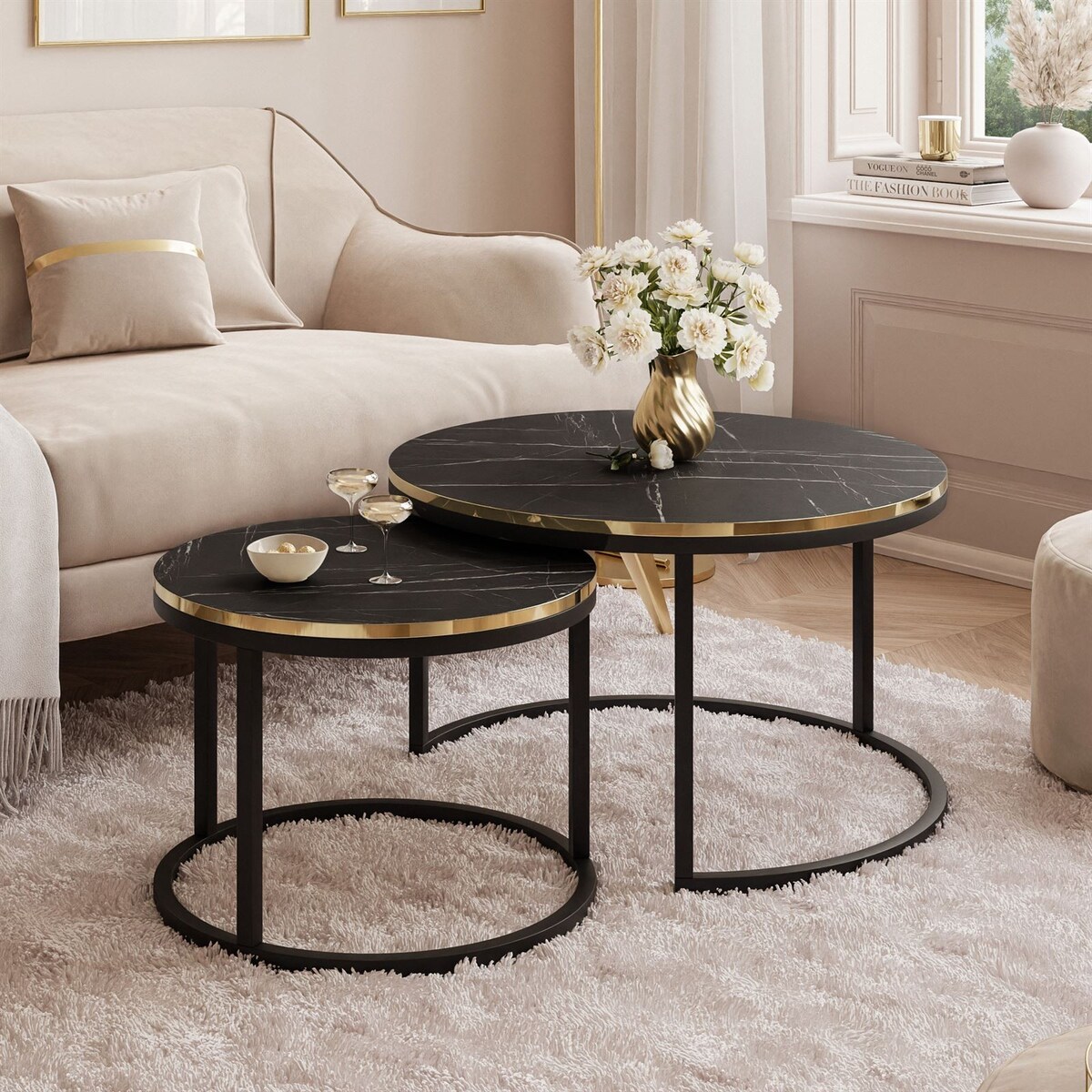 Okrągły stolik kawowy SOLEIL 2w1 czarny grigia pietra