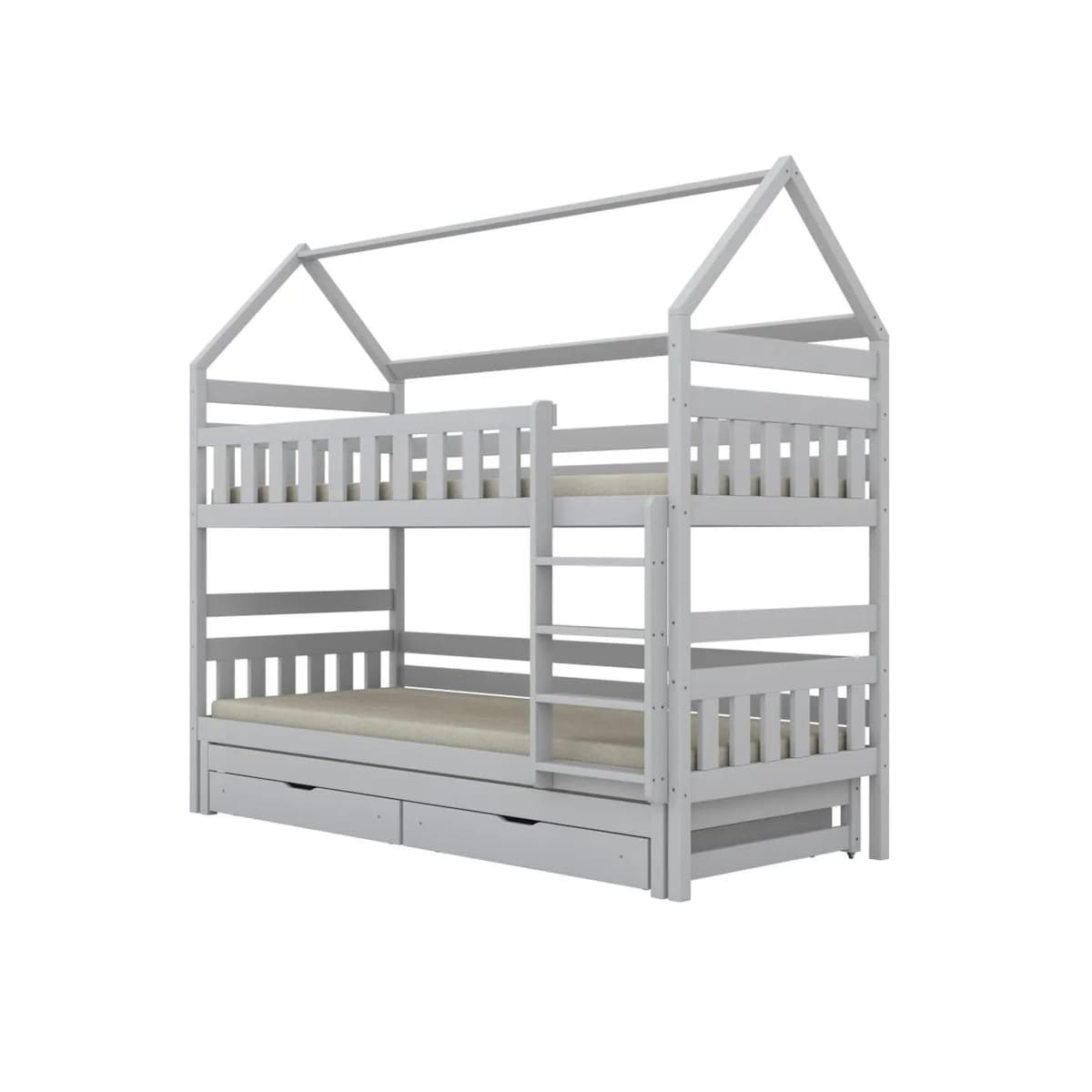 Łóżko piętrowe domek FELIKS 160x80 białe drewniane trzyosobowe z szufladami